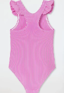 Badeanzug Seersucker Streifen Rüschen fuchsia - Aqua
