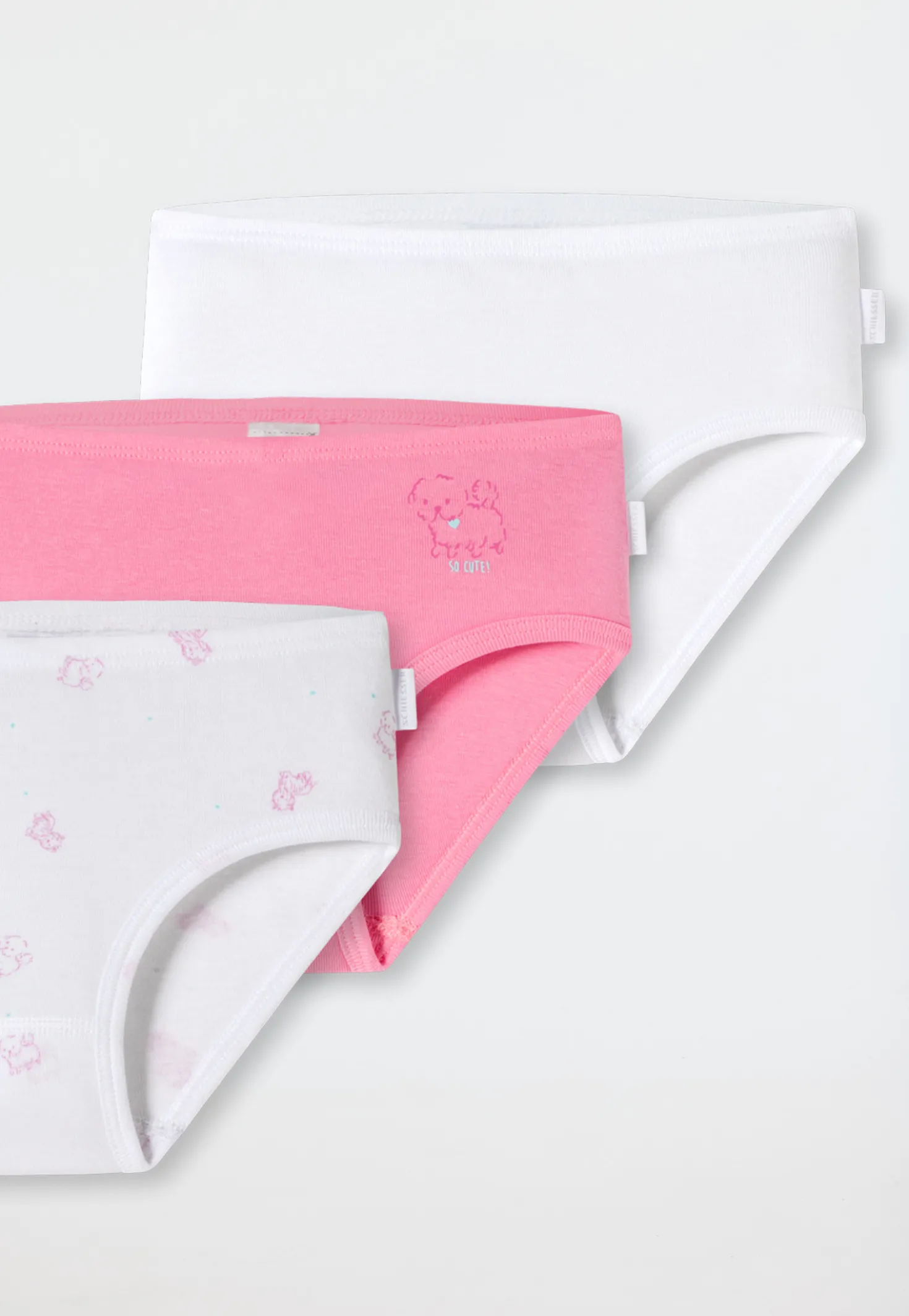 Hüftslips 3er-Pack Feinripp weiß/pink mit Hündchen