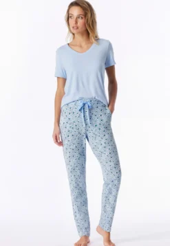 Hose lang Bündchen Blumen Leoparden hellblau - Mix+Relax