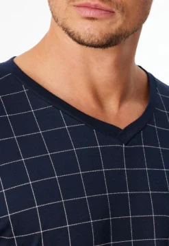 Nachthemd langarm Interlock dunkelblau kariert - Fine Interlock