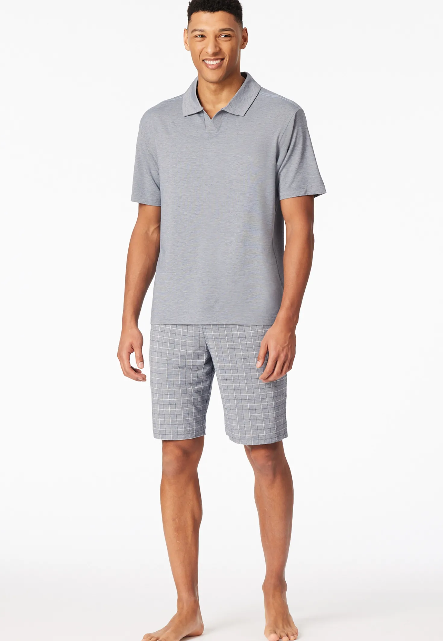 Schlafanzug kurz Jacquard Polokragen admiral kariert - Selected Premium