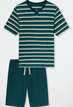Schlafanzug kurz Ringel tiefseegrün - Casual Nightwear