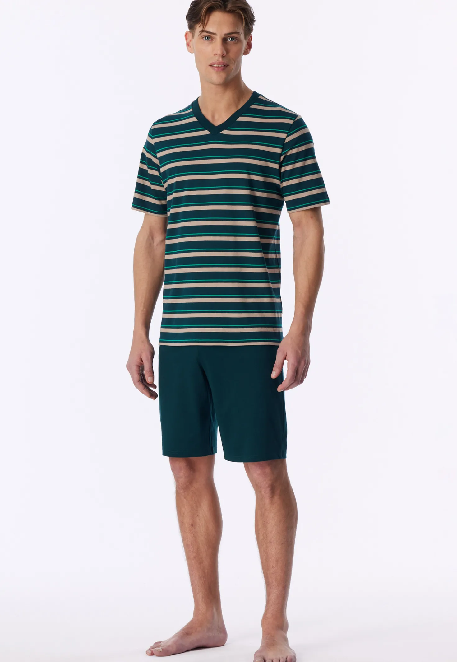 Schlafanzug kurz Ringel tiefseegrün - Casual Nightwear