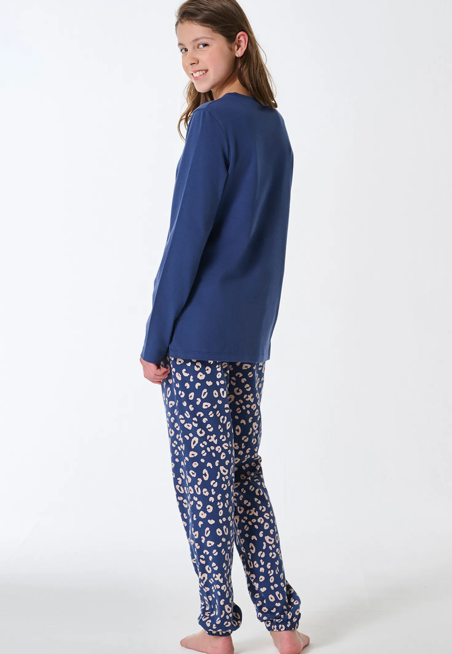 Schlafanzug lang Bündchen Animal Print jeansblau - Teens Nightwear
