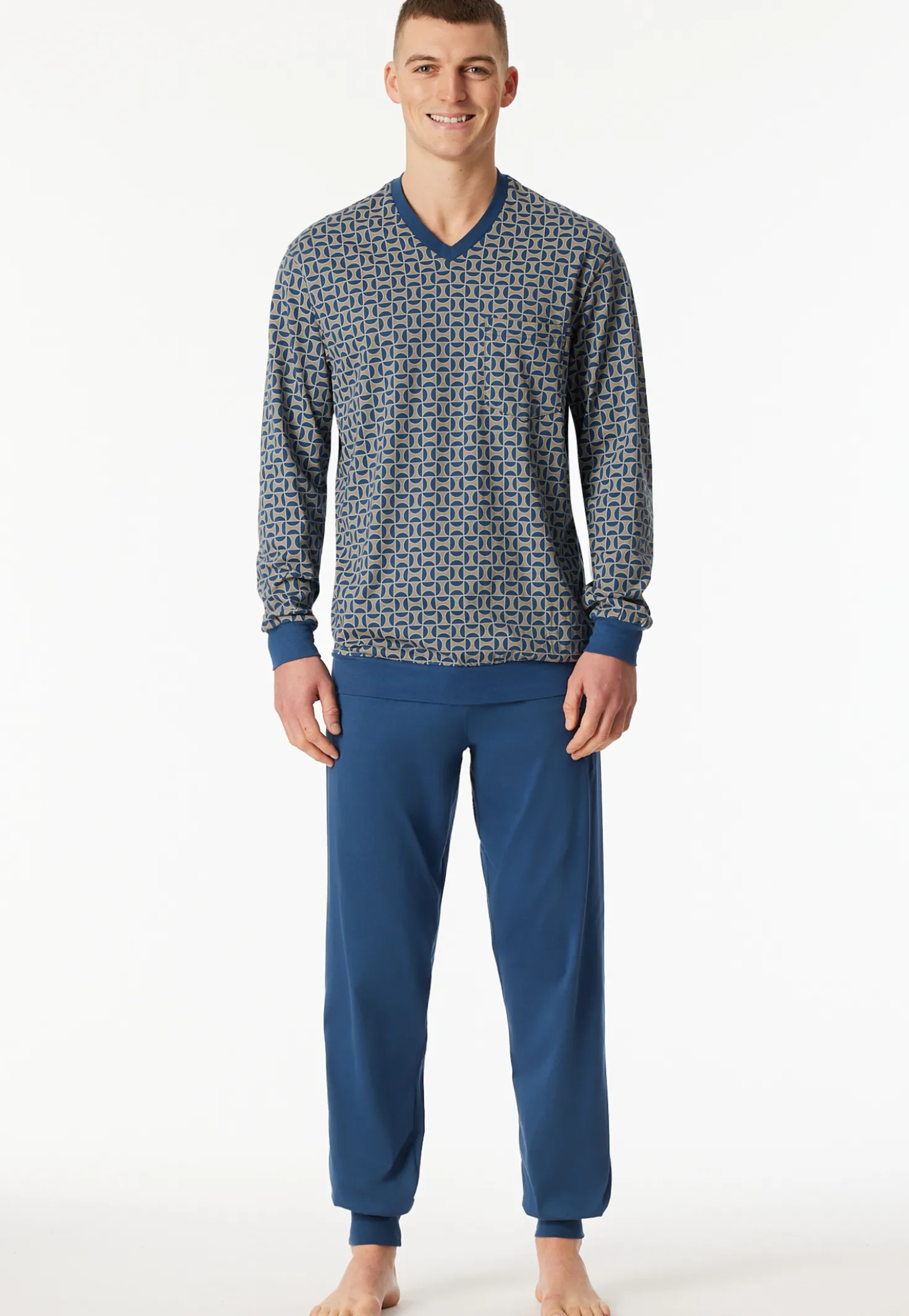 Schlafanzug lang Bündchen atlantikblau gemustert - Comfort Nightwear
