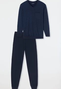 Schlafanzug lang Bündchen Karos nachtblau - Comfort Essentials