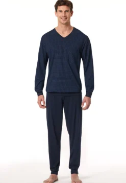Schlafanzug lang Bündchen Karos nachtblau - Comfort Essentials