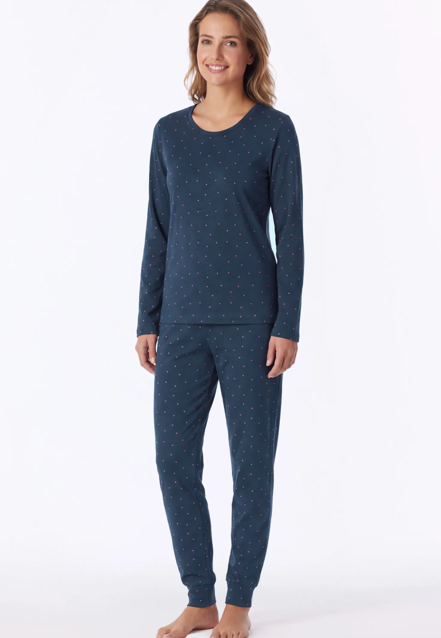 Schlafanzug lang Bündchen Punkte ultra violett - Casual Essentials