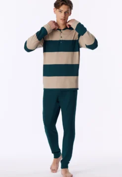 Schlafanzug lang Bündchen Ringel tiefseegrün - Casual Nightwear