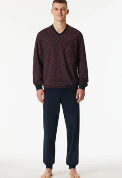Schlafanzug lang Bündchen rotbraun gemustert - Comfort Nightwear