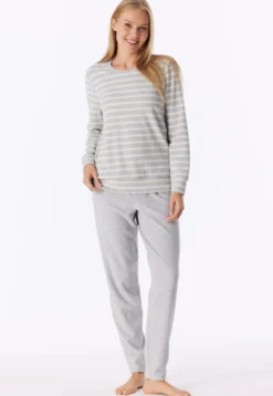 Schlafanzug lang Frottee Bündchen Ringel silbergrau-meliert - Casual Essentials