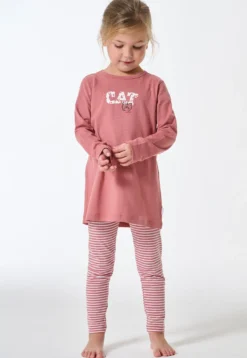 Schlafanzug lang Interlock Leggings Katze Ringel altrosa - Kids Nightwear