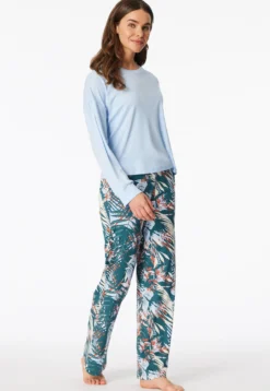 Schlafanzug lang Interlock Palmen hellblau - Modern Nightwear