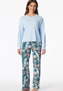 Schlafanzug lang Interlock Palmen hellblau - Modern Nightwear