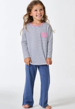 Schlafanzug lang Ringel Herz jeansblau - Kids Nightwear