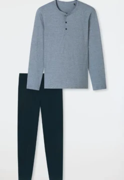 Schlafanzug lang Ringel Knopfleiste nachtblau - Casual Essentials
