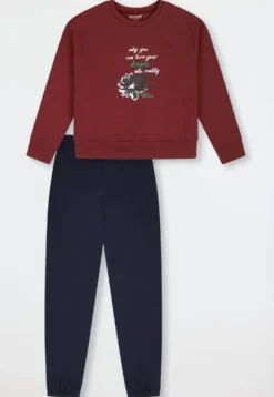 Schlafanzug lang Sweatware Bündchen burgund - Teens Nightwear