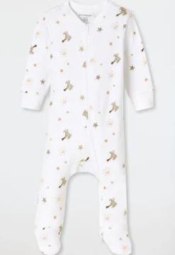 Strampler lang mit Fuß Teddybären weiß - Baby