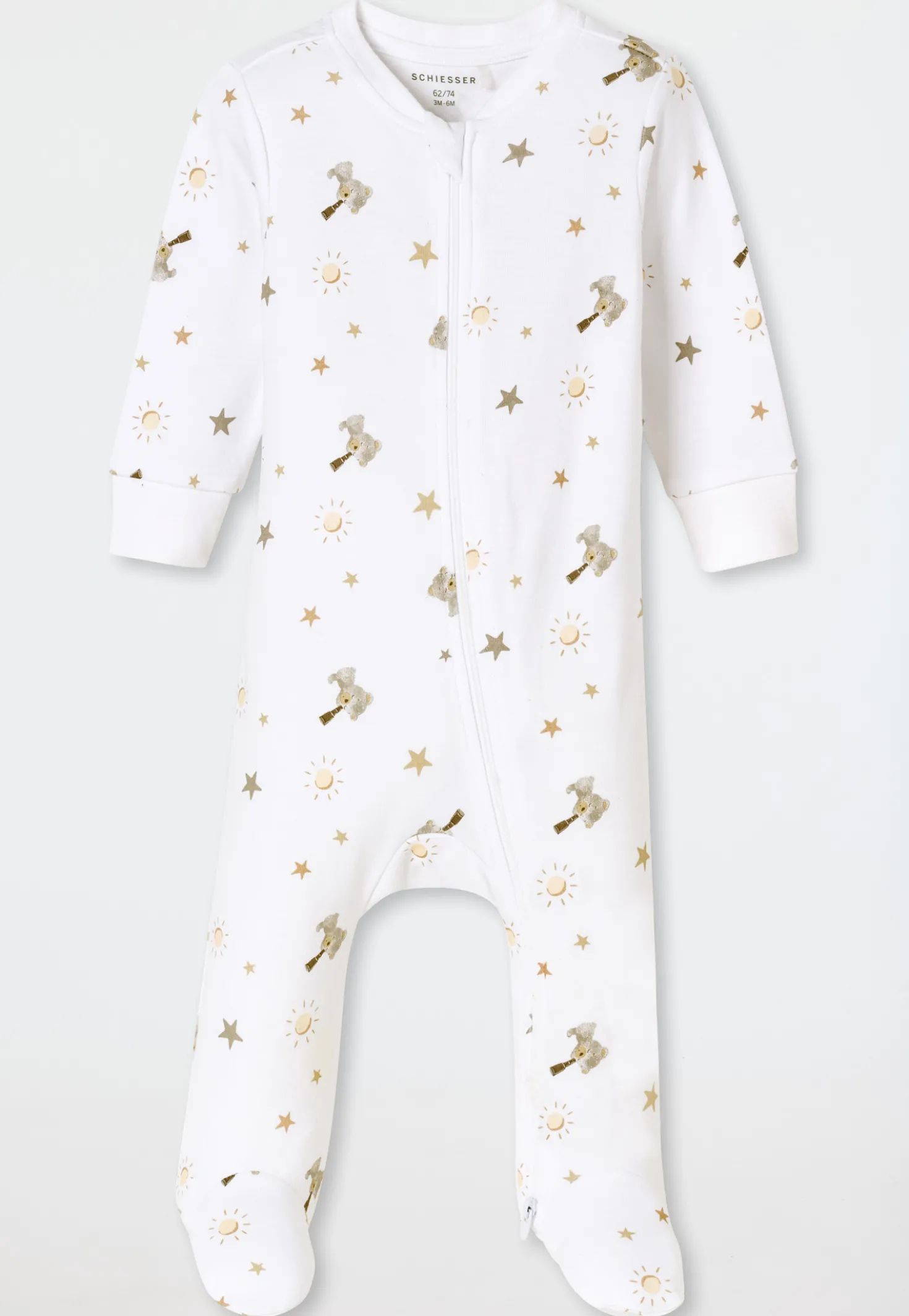 Strampler lang mit Fuß Teddybären weiß - Baby