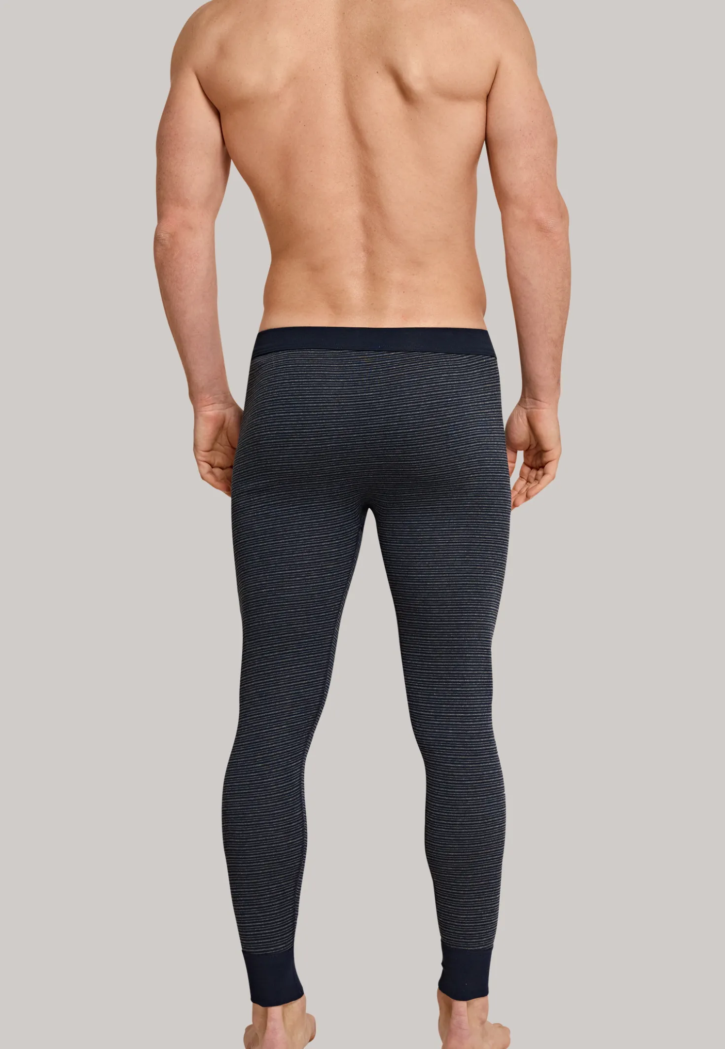 Unterhose lang mit Eingriff dunkelblau geringelt - Feinripp melange
