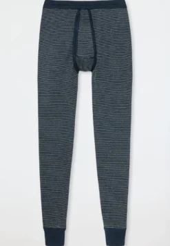 Unterhose lang mit Eingriff dunkelblau geringelt - Feinripp melange