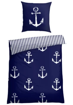 Wende-Bettwäsche 2-teilig Renforcé Anker Streifen navy/weiß - SCHIESSER Home