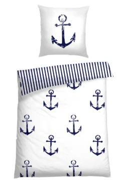 Wende-Bettwäsche 2-teilig Renforcé Anker Streifen weiß/navy - SCHIESSER Home